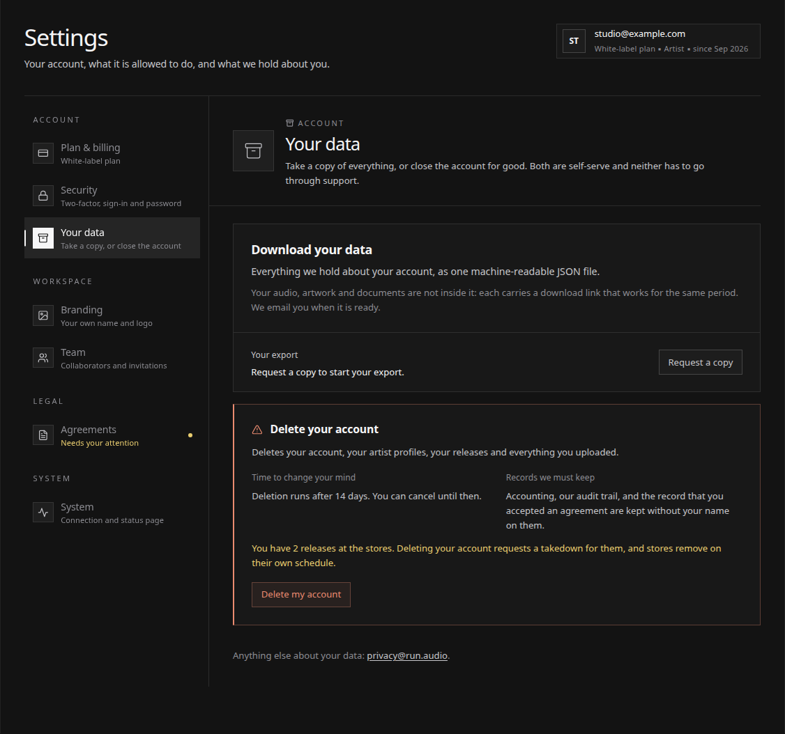 The Your data settings section with export and account deletion controls