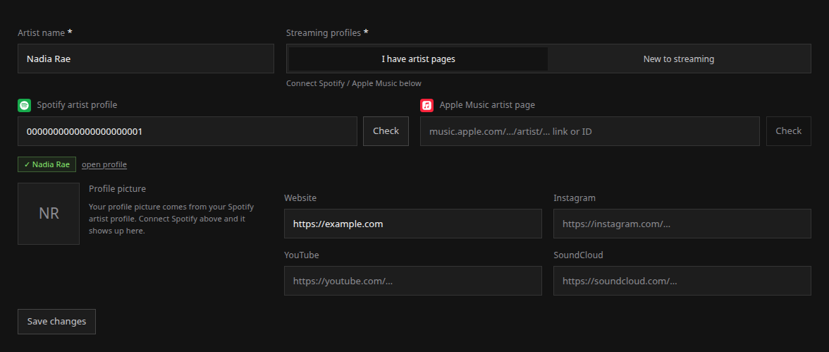 Artist profile editing with existing store pages and their verification results