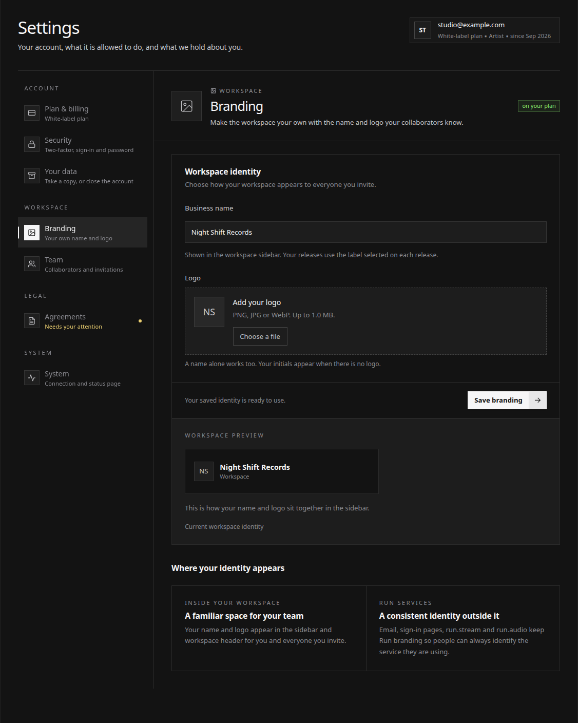 Workspace branding settings with the business identity editor and preview
