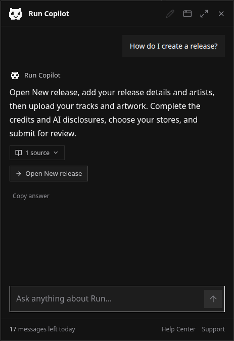 Run Copilot with a question, an answer and links to its Help Center sources