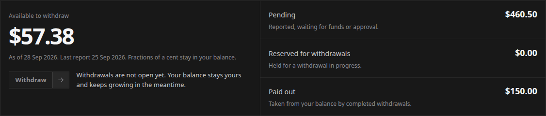 The Earnings Balance view and its available, pending, reserved and paid-out amounts
