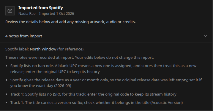 The Imported from Spotify card with its import notes open