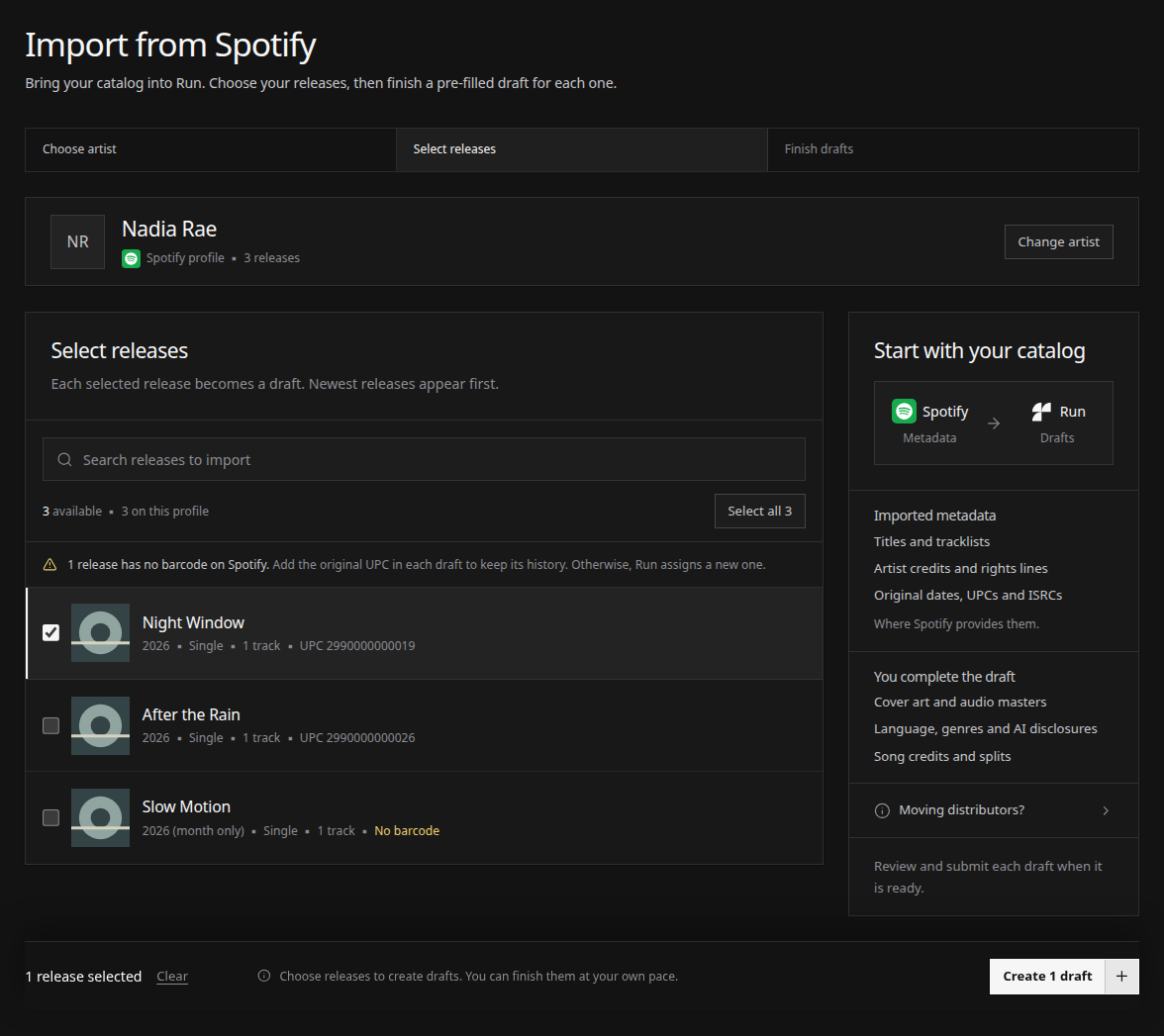 Import from Spotify with one release selected, a missing barcode marked, and the metadata guide beside the list