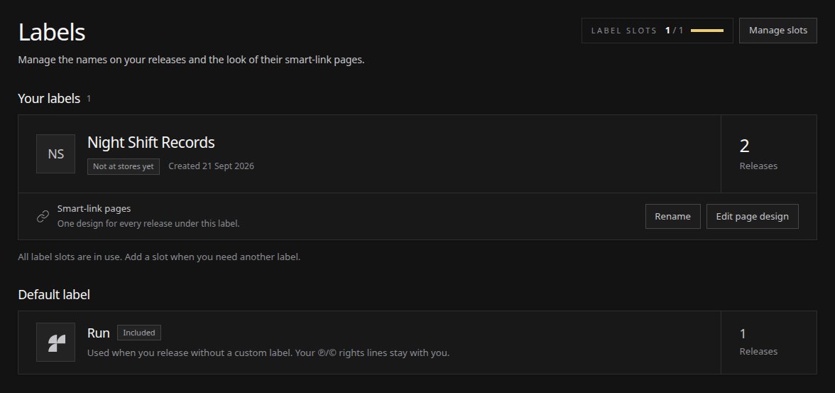 The Labels page showing a custom label and its store status