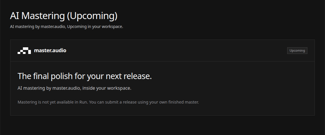 The AI Mastering page with the master.audio name, mark and Upcoming status