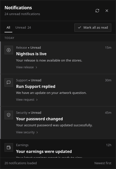 The notification bell's list with unread notices and their destinations