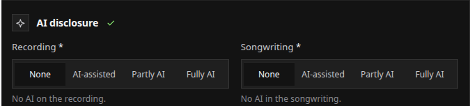 The recording and songwriting AI disclosure controls inside an open track