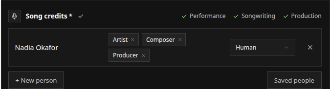 Song credits with contributor roles, AI involvement and the three coverage indicators