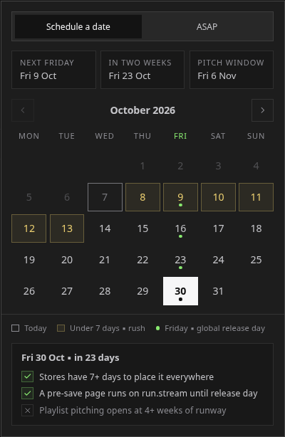 The release date picker with scheduled and ASAP modes