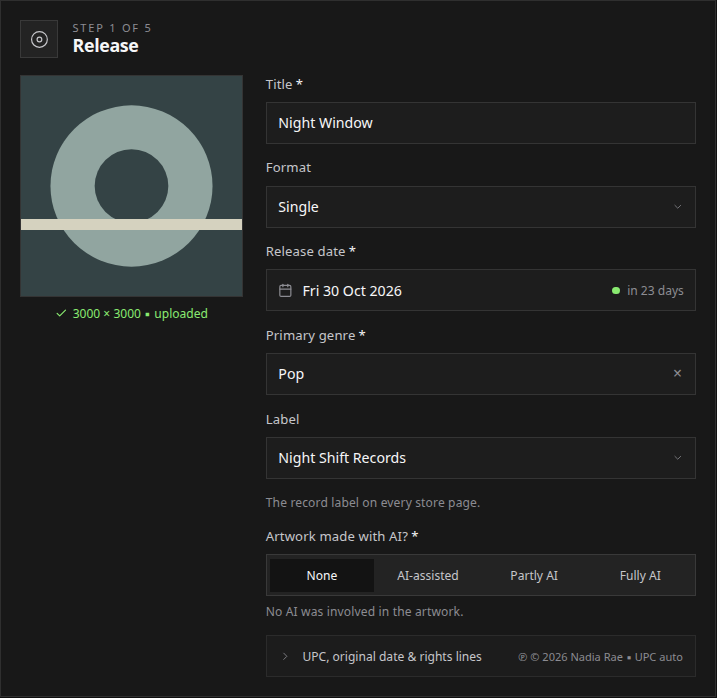 The release details section with its cover upload and artwork AI disclosure