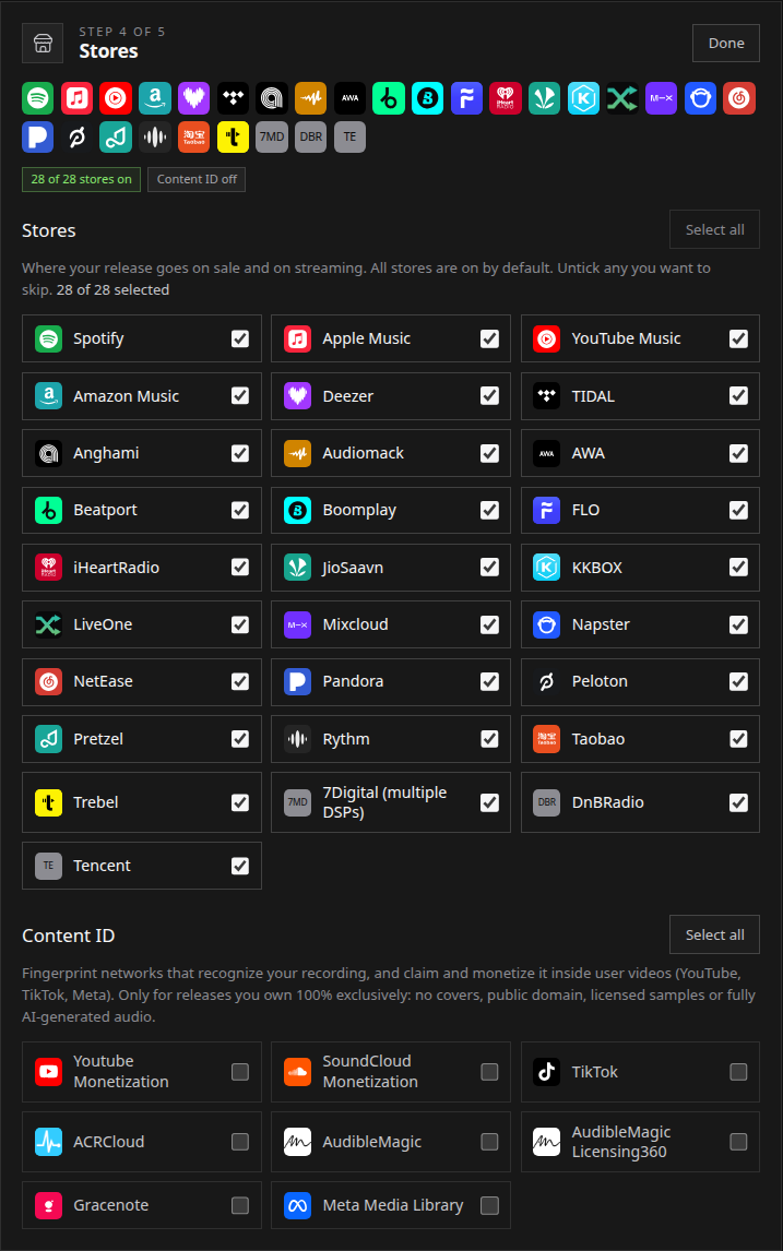 The release form's store list and separate Content ID choices