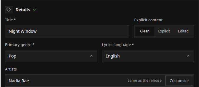 An open track's Details section with title, explicit content, genre, language and artists